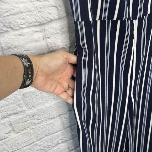 Tahari Navy Blue Striped Jumpsuit Size 4 Sleeveless Pockets Wide-Leg - Picture 3 of 7